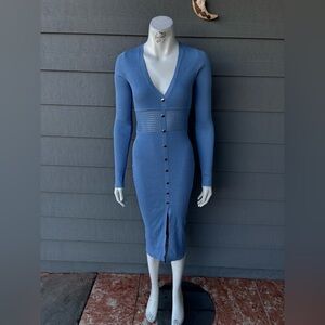 Hera Collection Blue Long Sleeve Ribbed Button-Front Midi Dress